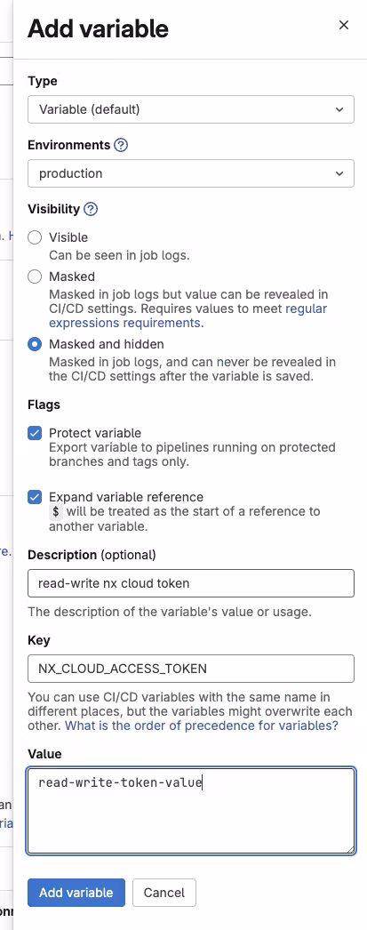 add read-write nx cloud access token to gitlab